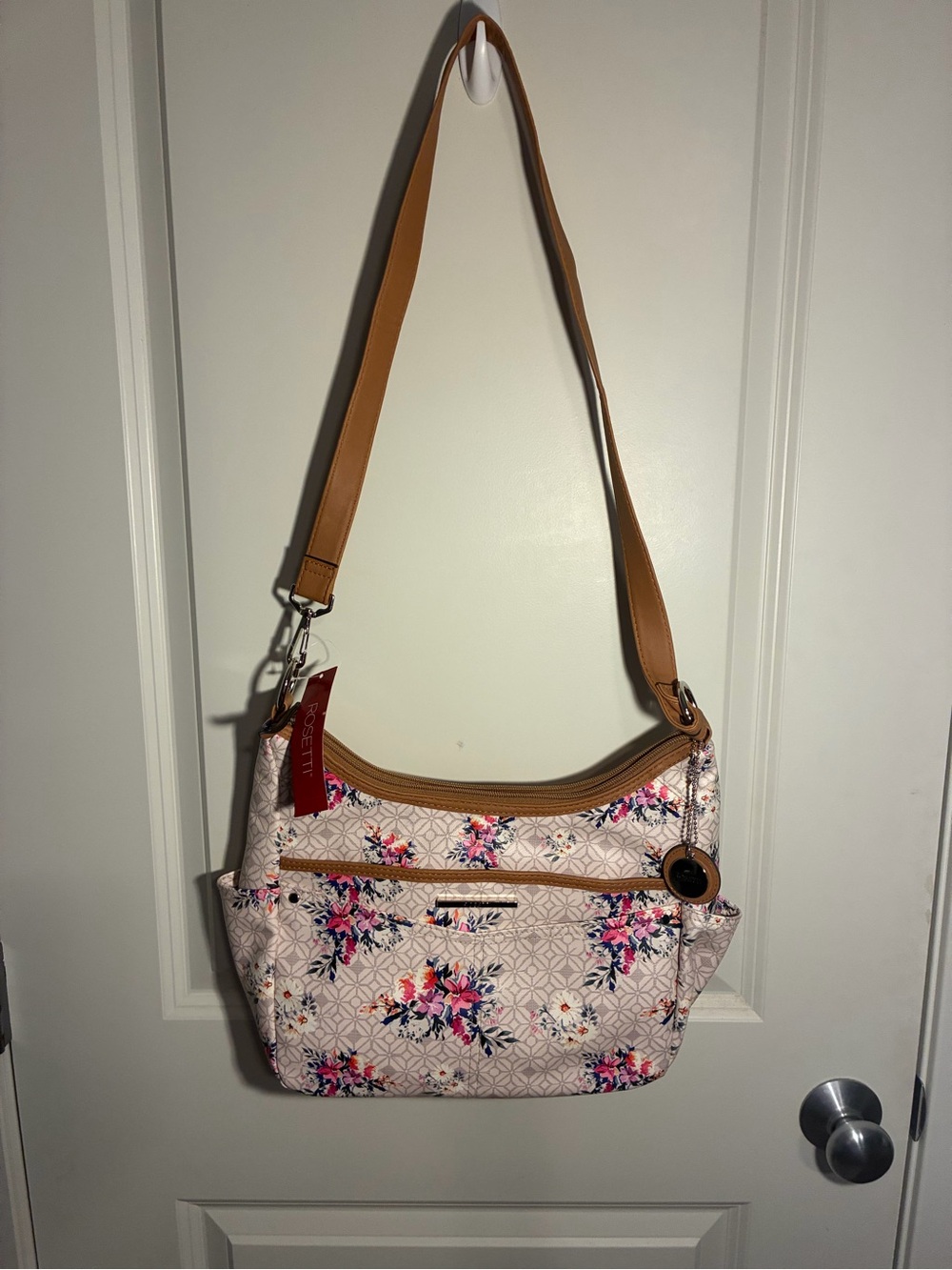 Rosetti Pink Floral Crossbody Shoulder Bag with Tan Strap NWT